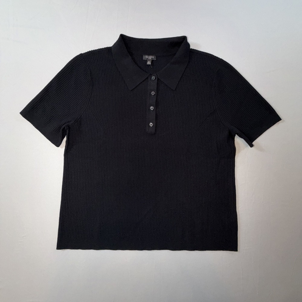 Talbots Black Ribbed Button Polo Shirt Women's Size PXL Short Sleeve NWT